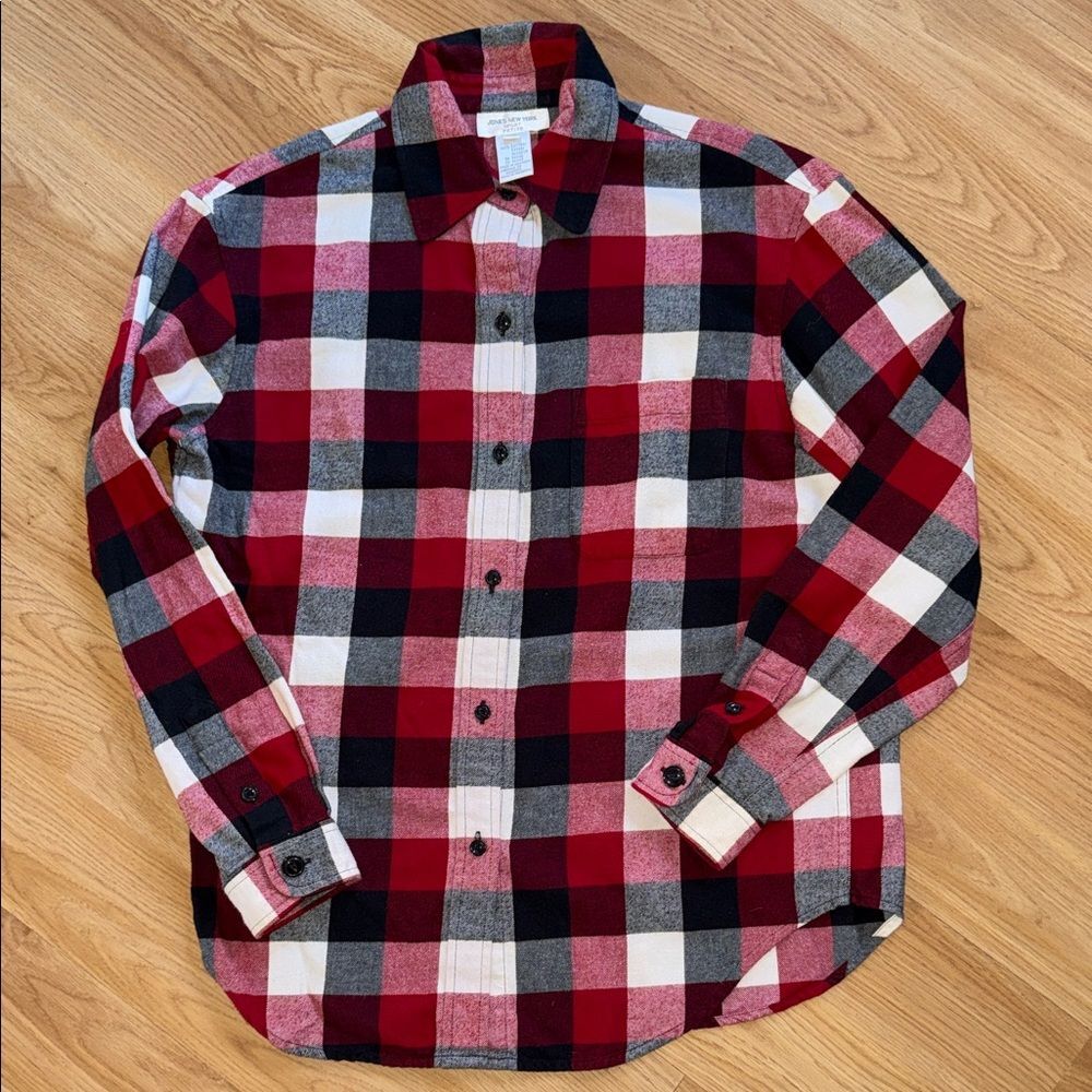 Jones of New York Red Black Plaid Top Long Sleeve 100% Cotton Size PS